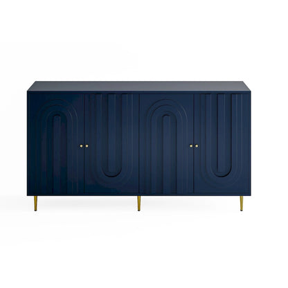 Buffet de rangement laqué 4 portes avec étagères réglables – Bleu / Gris, pieds et poignées dorés