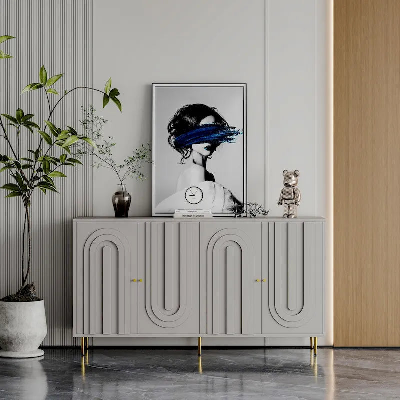 Buffet de rangement laqué 4 portes avec étagères réglables – Bleu / Gris, pieds et poignées dorés