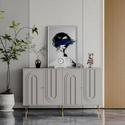 Buffet de rangement laqué 4 portes avec étagères réglables – Bleu / Gris, pieds et poignées dorés