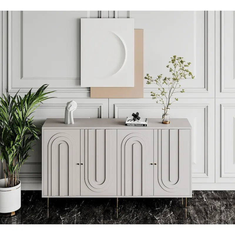 Buffet de rangement laqué 4 portes avec étagères réglables – Bleu / Gris, pieds et poignées dorés