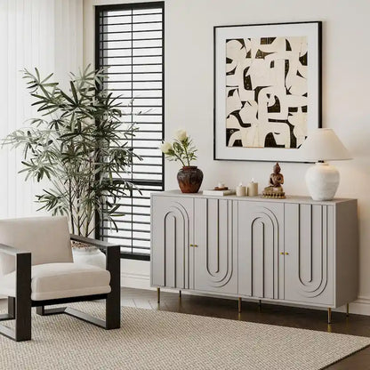Buffet de rangement laqué 4 portes avec étagères réglables – Bleu / Gris, pieds et poignées dorés