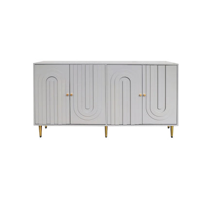 Buffet de rangement laqué 4 portes avec étagères réglables – Bleu / Gris, pieds et poignées dorés