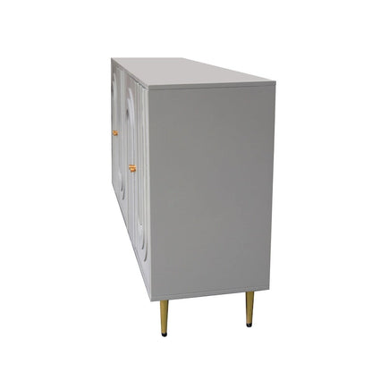 Buffet de rangement laqué 4 portes avec étagères réglables – Bleu / Gris, pieds et poignées dorés