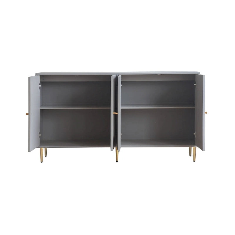 Buffet de rangement laqué 4 portes avec étagères réglables – Bleu / Gris, pieds et poignées dorés