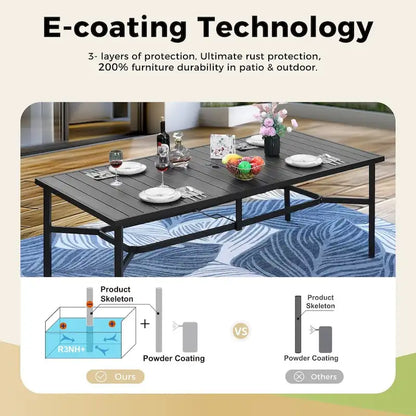 Table de salle à manger rectangulaire d'extérieur en acier avec trou pour parasol – Noir, 8 places