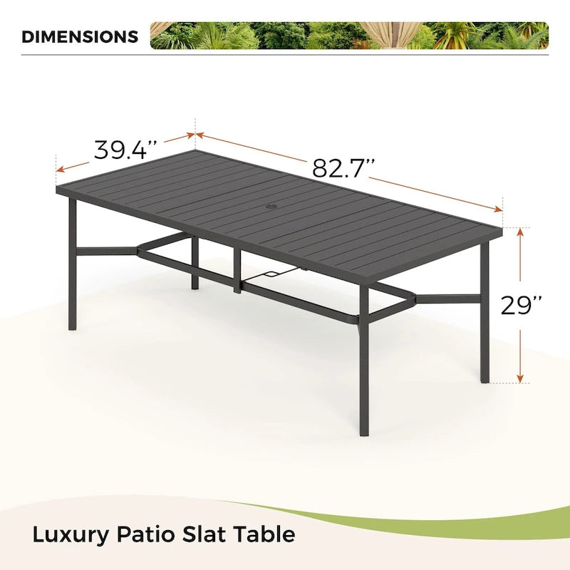 Table de salle à manger rectangulaire d'extérieur en acier avec trou pour parasol – Noir, 8 places