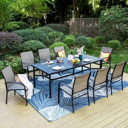 Table de salle à manger rectangulaire d'extérieur en acier avec trou pour parasol – Noir, 8 places