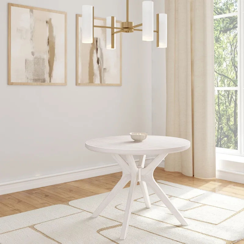 Table à manger ronde en pin massif avec piètement croisé – Brosse métallique blanc côtier / Noyer, 2 à 4 personnes