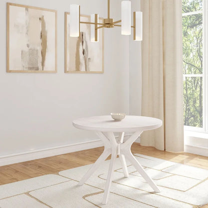 Table à manger ronde en pin massif avec piètement croisé – Brosse métallique blanc côtier / Noyer, 2 à 4 personnes