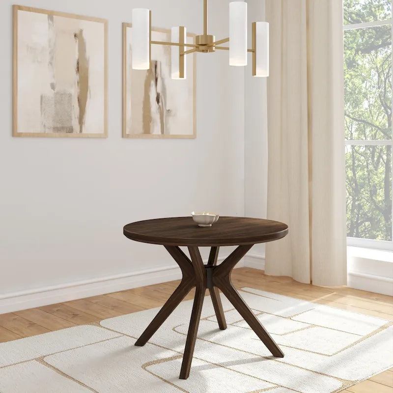 Table à manger ronde en pin massif avec piètement croisé – Brosse métallique blanc côtier / Noyer, 2 à 4 personnes