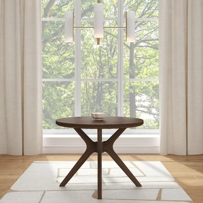 Table à manger ronde en pin massif avec piètement croisé – Brosse métallique blanc côtier / Noyer, 2 à 4 personnes
