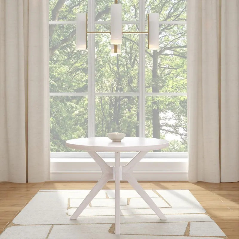 Table à manger ronde en pin massif avec piètement croisé – Brosse métallique blanc côtier / Noyer, 2 à 4 personnes