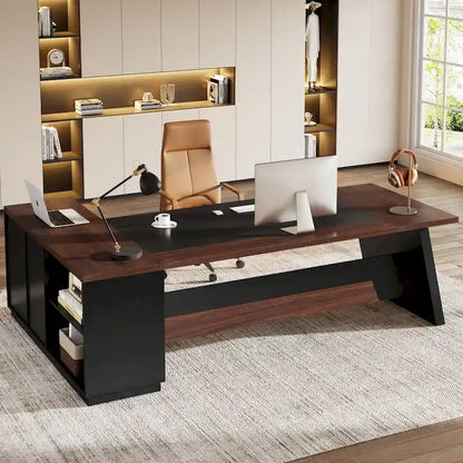 Bureau de direction en L avec tiroirs et classeur – Noyer+Noir / Gris+Noir, Monoposte