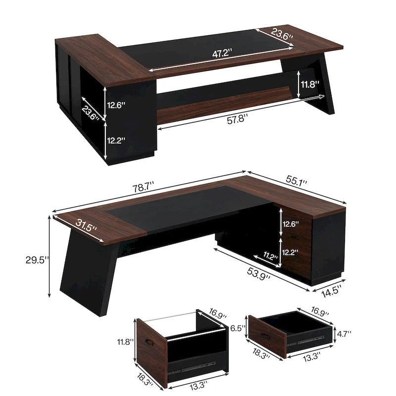 Bureau de direction en L avec tiroirs et classeur – Noyer+Noir / Gris+Noir, Monoposte