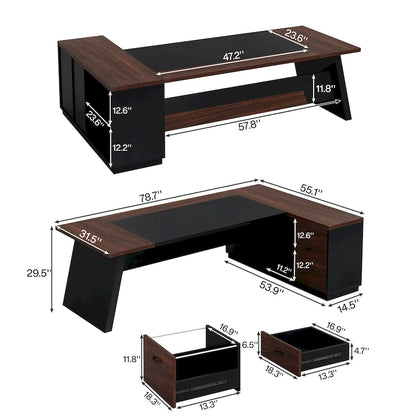 Bureau de direction en L avec tiroirs et classeur – Noyer+Noir / Gris+Noir, Monoposte