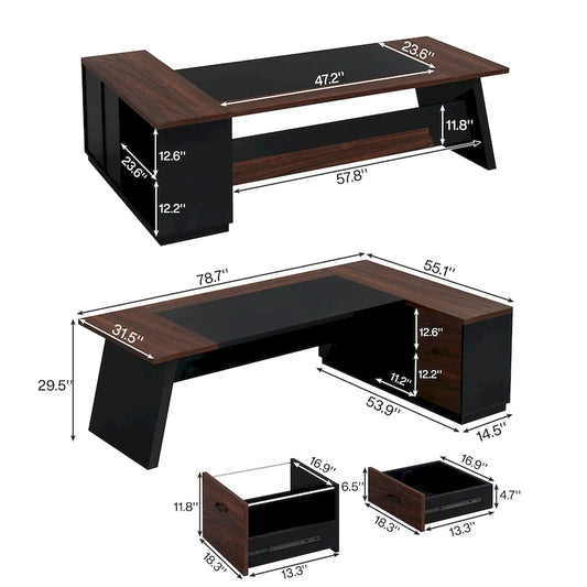 Bureau de direction en L avec tiroirs et classeur – Noyer+Noir / Gris+Noir, Monoposte