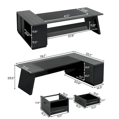 Bureau de direction en L avec tiroirs et classeur – Noyer+Noir / Gris+Noir, Monoposte