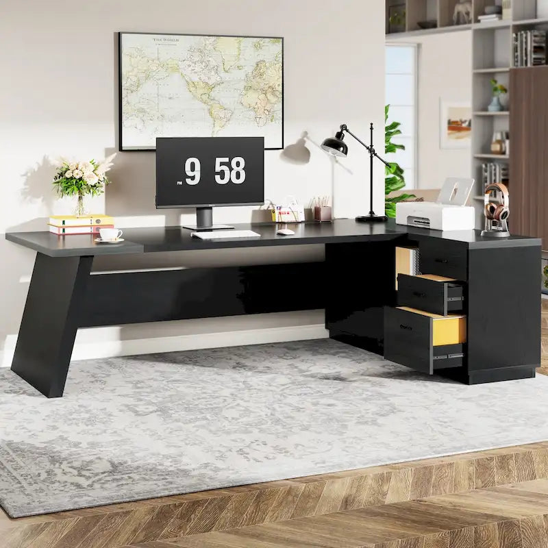 Bureau de direction en L avec tiroirs et classeur – Noyer+Noir / Gris+Noir, Monoposte