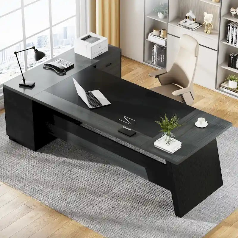 Bureau de direction en L avec tiroirs et classeur – Noyer+Noir / Gris+Noir, Monoposte