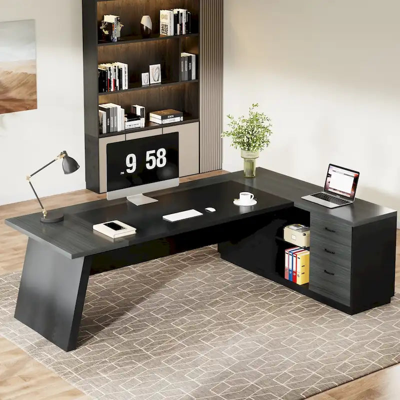 Bureau de direction en L avec tiroirs et classeur – Noyer+Noir / Gris+Noir, Monoposte