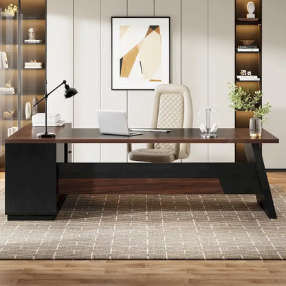 Bureau de direction en L avec tiroirs et classeur – Noyer+Noir / Gris+Noir, Monoposte