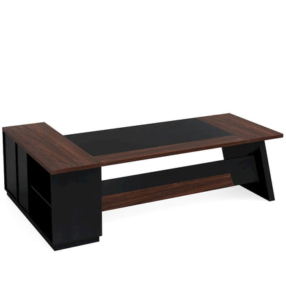Bureau de direction en L avec tiroirs et classeur – Noyer+Noir / Gris+Noir, Monoposte