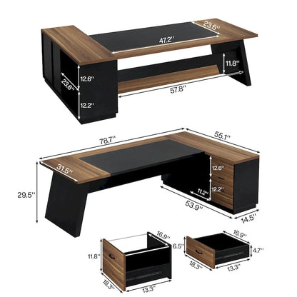 Bureau de direction en L avec tiroirs et classeur – Noyer+Noir / Gris+Noir, Monoposte