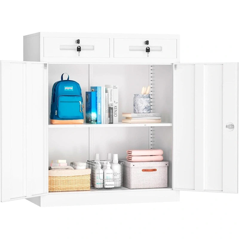 Meuble de rangement métallique verrouillable avec 2 tiroirs et étagères réglables – Blanc / Noir