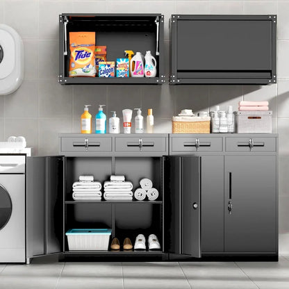 Meuble de rangement métallique verrouillable avec 2 tiroirs et étagères réglables – Blanc / Noir
