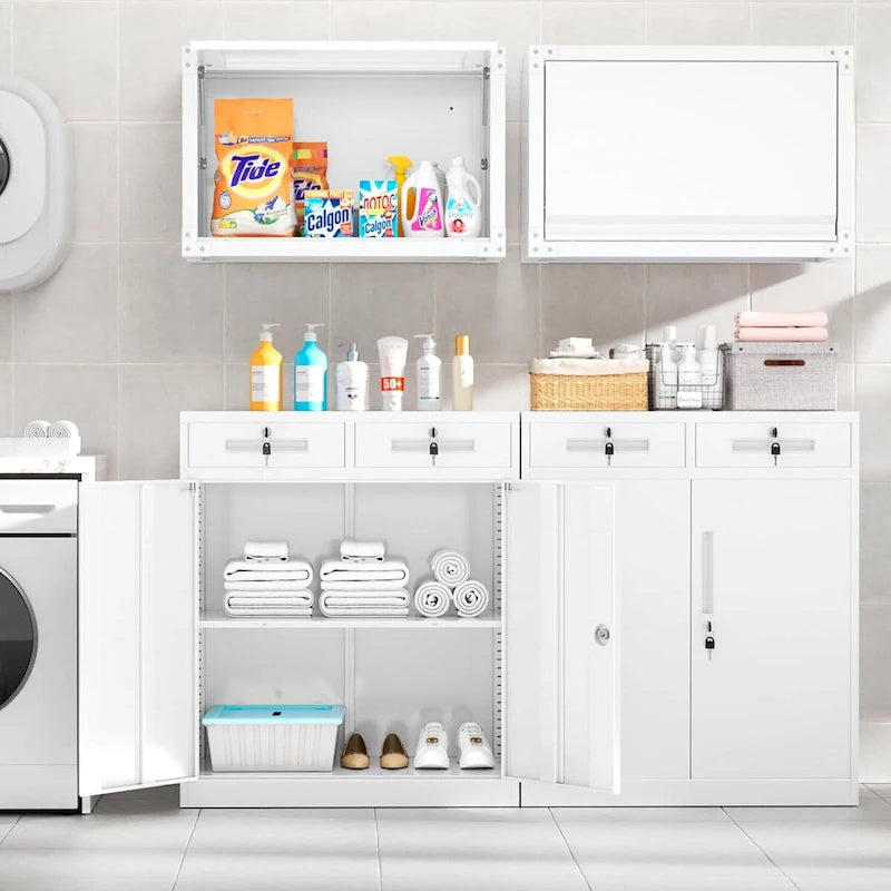 Meuble de rangement métallique verrouillable avec 2 tiroirs et étagères réglables – Blanc / Noir
