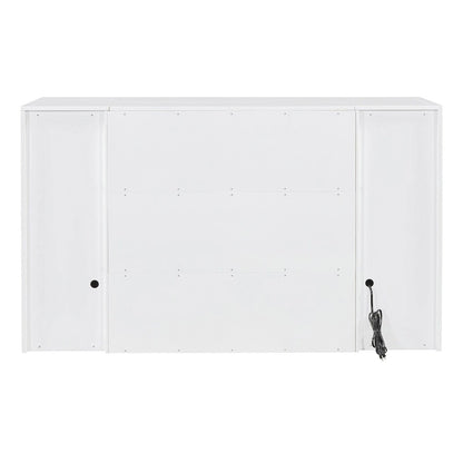 Lit escamotable avec tiroirs, armoires et ports USB – Blanc / Gris, simple / double, 2 tabourets inclus