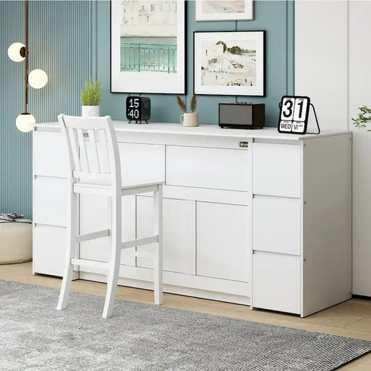 Lit escamotable avec tiroirs, armoires et ports USB – Blanc / Gris, simple / double, 2 tabourets inclus